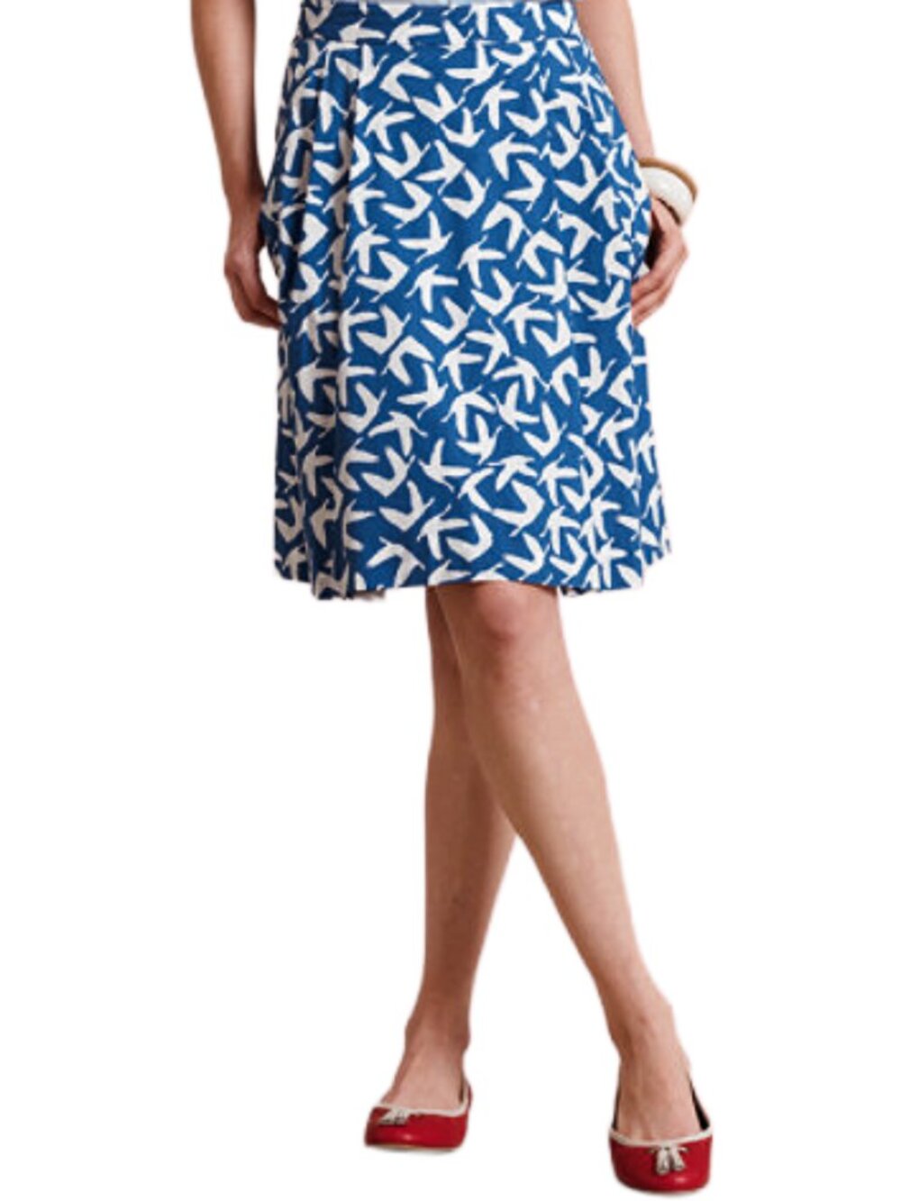 L.L.Bean Signature Bird Print Pleated Cotton Skirt Pockets Blue White Size 10
